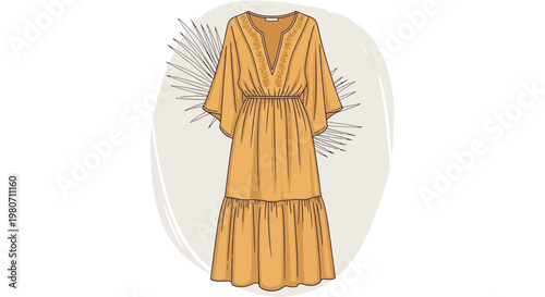 Orange Bohemian Maxi Dress With Embroidery Details On White Background For Fashion Concepts