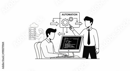 Two men and a woman work on computers with a cloud and automation diagram