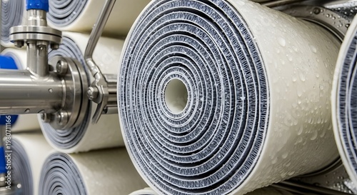 Industrial pipes and coils close-up.