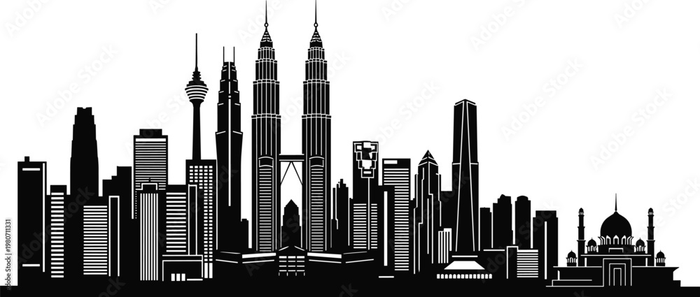 Naklejka premium World landmarks collection with Kuala Lumpur skyline Sydney Opera House Vatican City Mexico City monuments maritime ships and vehicle silhouettes vector