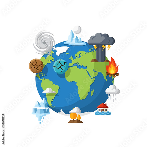 Earth Globe with Climate Change Icons.