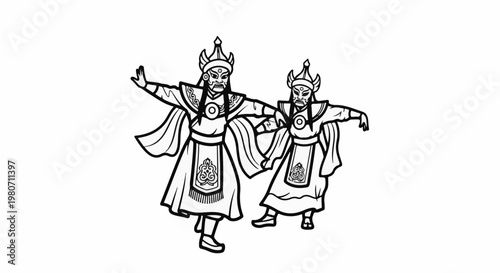 Two masked figures in traditional attire perform a dance