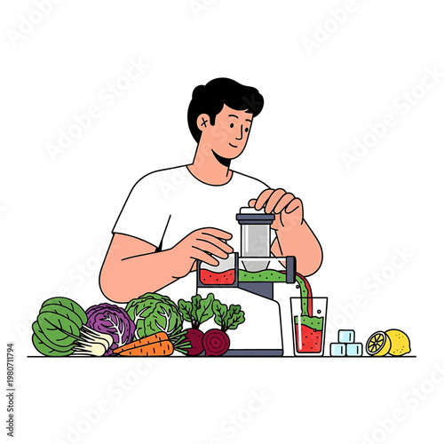 Man using a vegetable juicer machine.