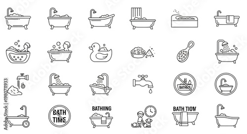 Collection of bathtub icons and illustrations for bathing and hygiene.