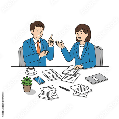Business people discussing documents together.