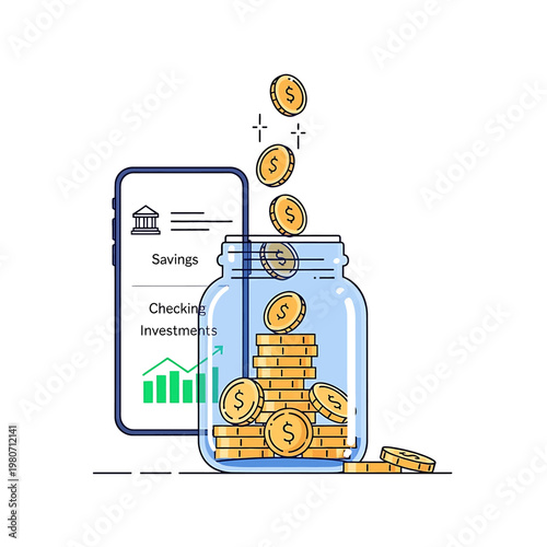 Coins Falling into Glass Jar.