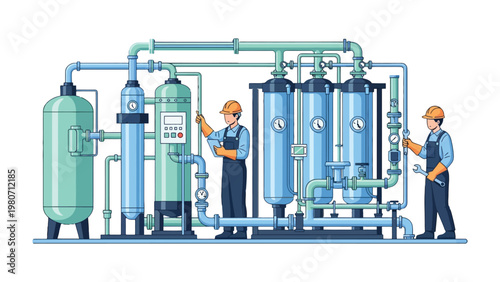 Industrial Precision: Two skilled technicians meticulously inspect an intricate network of machinery, symbolizing precision, control, and efficiency in the heart of industrial operations.