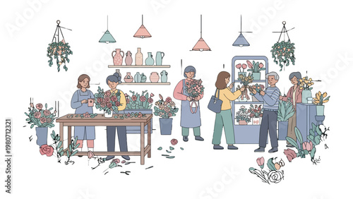 Blossom Boutique: A charming floral shop bustling with activity, featuring artisans crafting exquisite arrangements and customers selecting vibrant blooms.