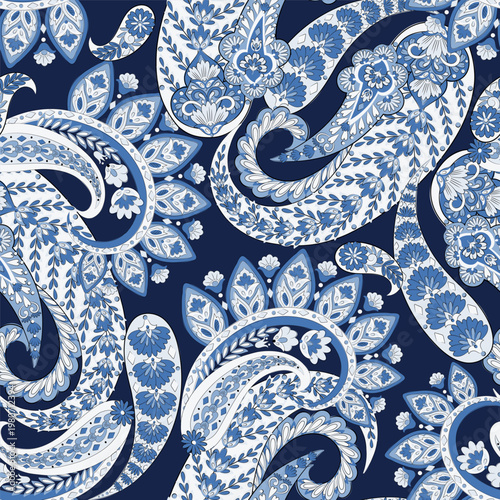 Paisley seamless vector pattern with fantastic flowers and leaves. Bohemian textile print inspired by batik. Vintage style