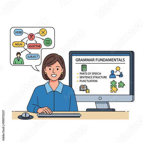 Woman teaching English grammar online lesson.