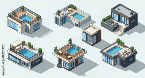 Isometric modern houses with swimming pools and rooftop gardens.