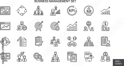 Business management KPI analytics leadership teamwork finance planning performance corporate workflow outline editable stroke vector icon set collection