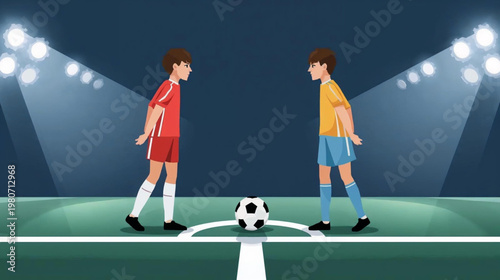 cartoon illustration of Two kids soccer players standing on a field facing off over a black-and-white soccer ball