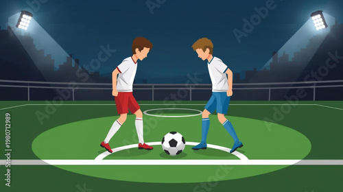 cartoon illustration of Two kids soccer players standing on a field facing off over a black-and-white soccer ball
