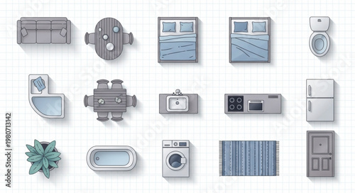 Collection of modern home furniture and appliances top view.