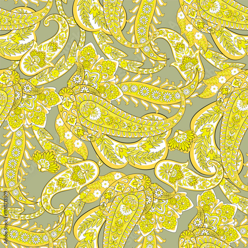 Floral seamless pattern with paisley ornament. Vector illustration in asian textile style