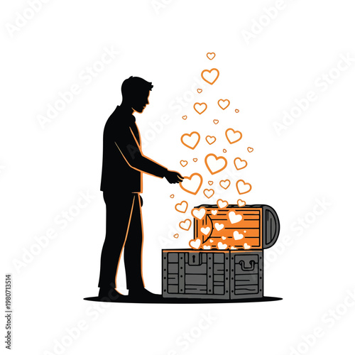 Man releasing hearts from treasure chest.