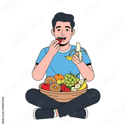 Man eating fruit sitting on floor.