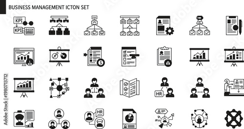 Business management KPI analytics HR workflow hierarchy reporting strategy corporate dashboard outline editable stroke vector icon set for interface design