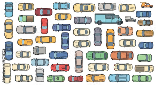 Top view of many colorful cars and a truck parked closely together.