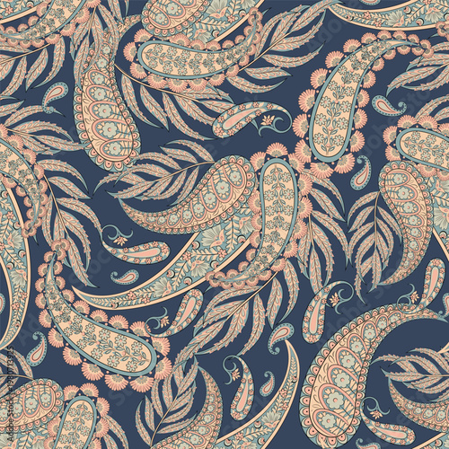 Paisley vector seamless design flowers and leaves in a batik-inspired style. Vintage fabric backdrop
