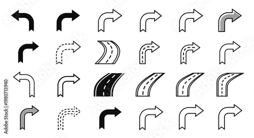 Collection of various arrow shapes and road illustrations.