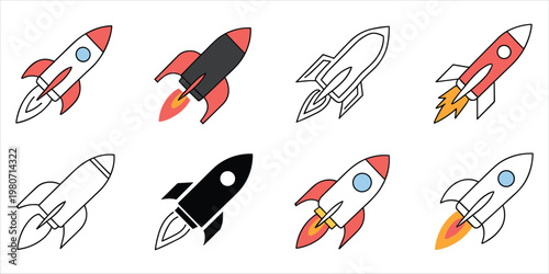 Assortment of Stylized Rocket Icons in Various Colors and Outlines for Space Exploration Themes spaceship