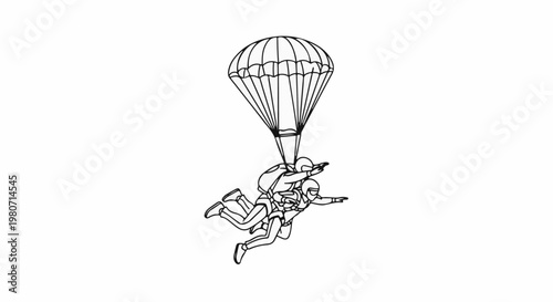 Two people tandem skydiving under a parachute, reaching out