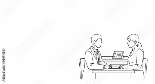Two people sit at a table, one man in a suit, one woman, a tablet on table