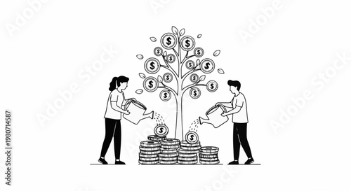 Two people water money tree with coins as leaves, symbolizing financial growth