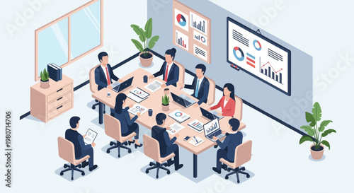 Business people sitting around meeting table.