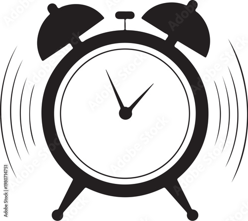 Black alarm clock ringing with motion lines white