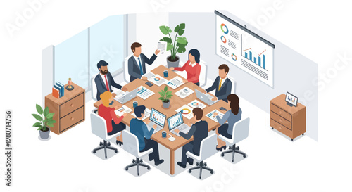 Business people sitting around meeting table.
