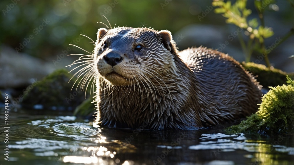 Obraz premium Playful otter emerging from water, surrounded by lush greenery and serene natural environment