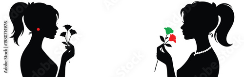 Women Silhouettes with Flowers, Beauty and Romantic Illustration Set, silhouette of a girl with flowers