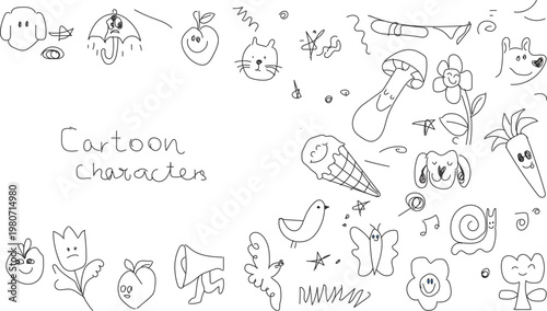 collection of hand-drawn childish doodles on a white background, featuring various simple illustrations like animals, food, and plants. The text 
