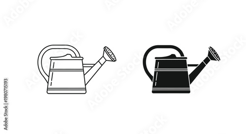 Simple black and white vector graphic illustration depicting a classic watering can for garden irrigation tasks