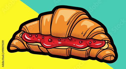 Vibrant illustration of a croissant filled with rich red jam against a bold yellow and teal geometric background