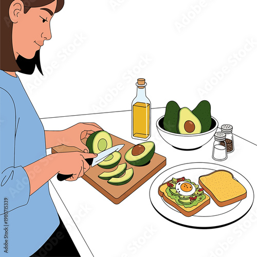 Woman slicing avocado on cutting board.