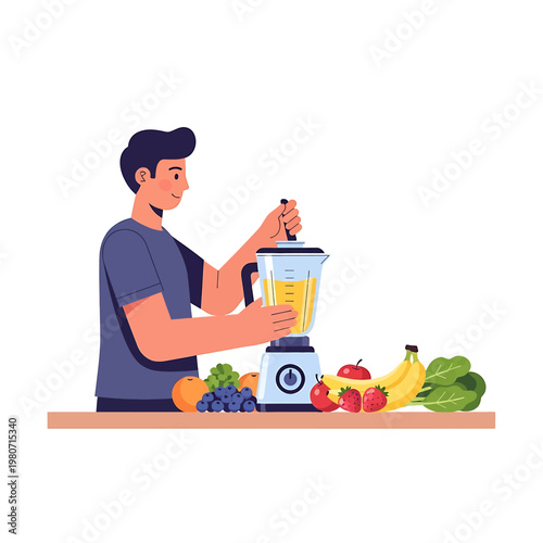 Man making smoothie with blender.
