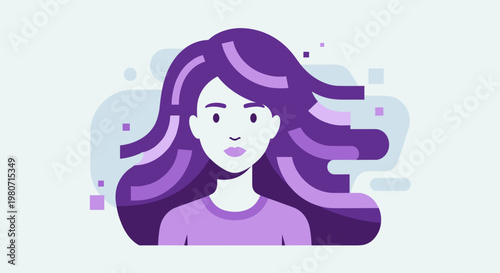 Illustration of woman with long wavy hair in vibrant purple tones, minimalist design with abstract background, capturing elegance and style
