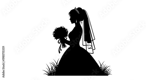 Silhouette of a bride in a flowing gown holding a bouquet, standing gracefully in a serene garden setting, surrounded by delicate grass elements