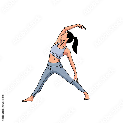 Woman in yoga pose stretching arm.
