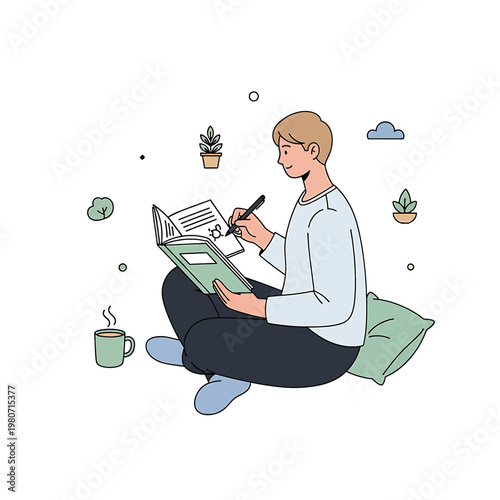 Man sitting crosslegged reading book.