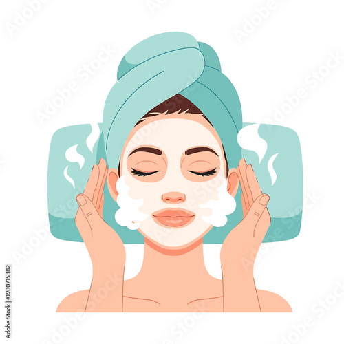 Woman with facial mask and towels.