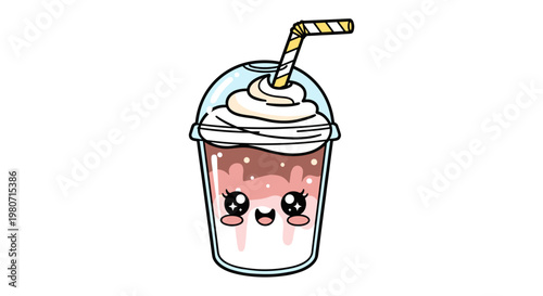 Cute cartoon iced latte with whipped cream and striped straw, featuring smiling face and whimsical design on white background