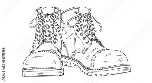 Detailed black and white illustration of sturdy work boots with laces, showcasing a worn and dirty aesthetic, emphasizing rugged durability against a plain background