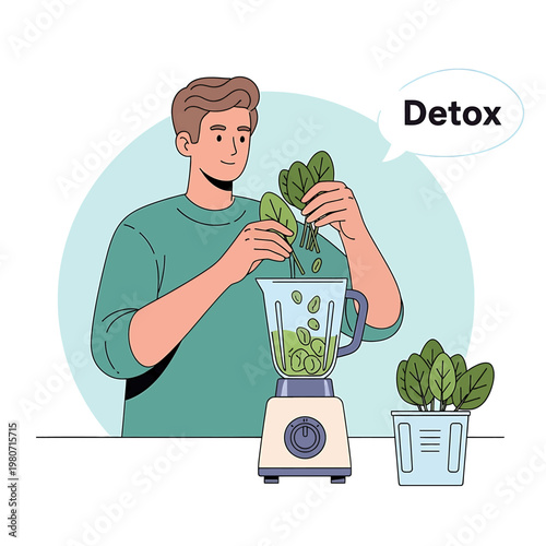 Man adding spinach to blender.