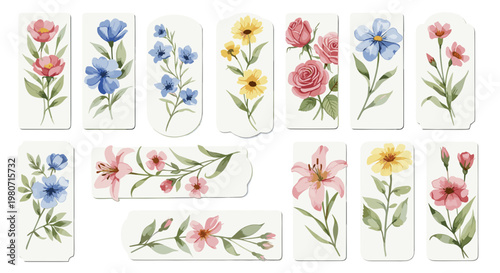 Elegant painted bookmarks featuring a variety of colorful floral designs with delicate blossoms and green leaves on a white background