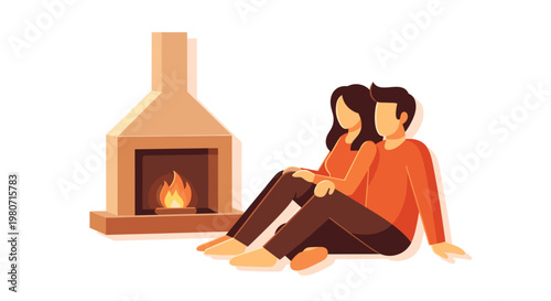 Cozy couple sitting by the warm fireplace, embracing in a minimalist illustration with soft colors and a serene atmosphere on a white background